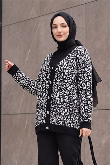 Womens Leopard Pattern Button-Front Oversized Eyelash-Knit Cardigan - Black