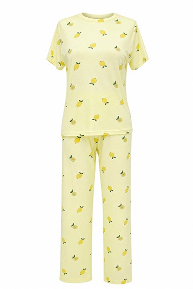 Limon Desenli Bisiklet Yaka Kısa Kol Penye Pijama Takımı -Sarı