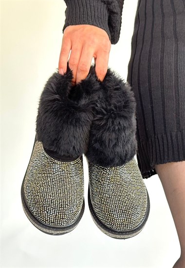 Linka Süet Gümüş Boncuk İşlemeli Bot -Siyah