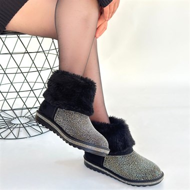 Linka Süet Gümüş Boncuk İşlemeli Bot -Siyah