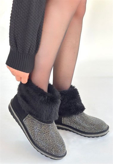 Linka Süet Gümüş Boncuk İşlemeli Bot -Siyah