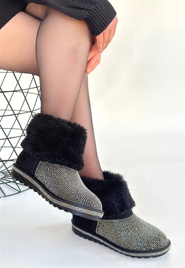 Linka Süet Gümüş Boncuk İşlemeli Bot -Siyah