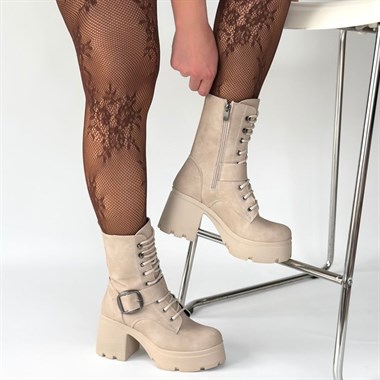 Linma Nubuk Bağcıklı Topuklu Bot -Bej