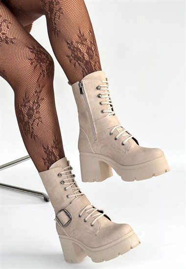 Linma Nubuk Bağcıklı Topuklu Bot -Bej