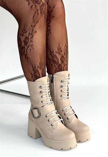 Linma Nubuk Bağcıklı Topuklu Bot -Bej