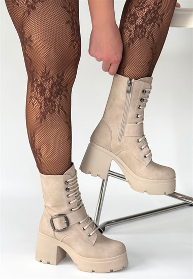 Linma Nubuk Bağcıklı Topuklu Bot -Bej