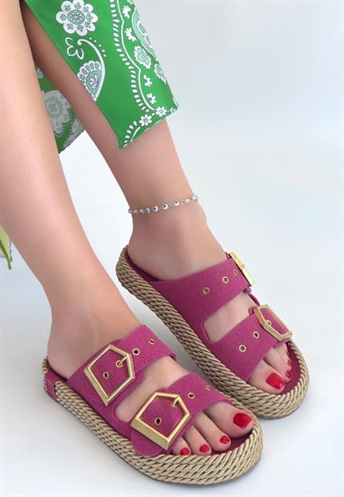 Loera Pemba Nubuk Çift Tokalı Terlik -Pembe