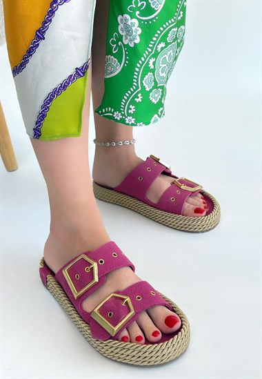 Loera Pemba Nubuk Çift Tokalı Terlik -Pembe