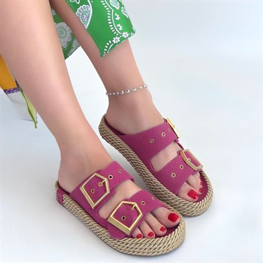 Loera Pemba Nubuk Çift Tokalı Terlik -Pembe