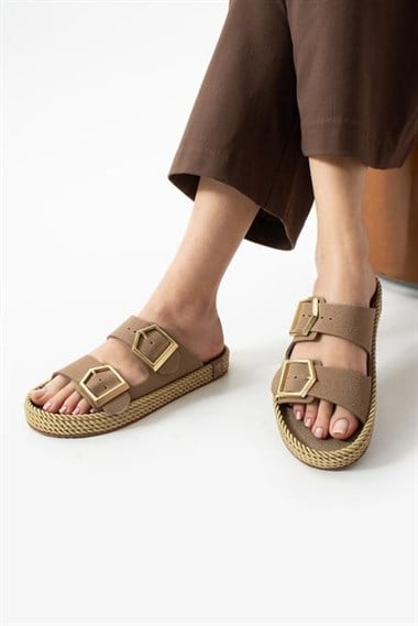 Loera Nubuk Çift Tokalı Terlik -Vizon