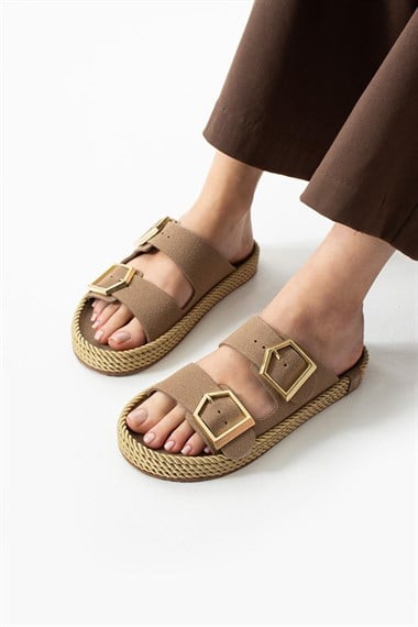 Loera Nubuk Çift Tokalı Terlik -Vizon