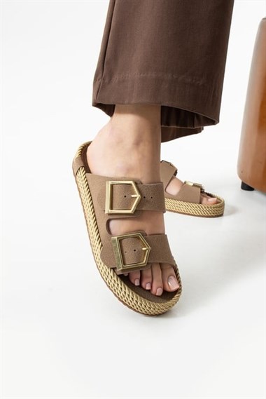 Loera Nubuk Çift Tokalı Terlik -Vizon