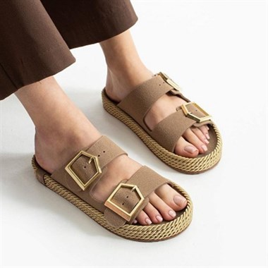 Loera Nubuk Çift Tokalı Terlik -Vizon