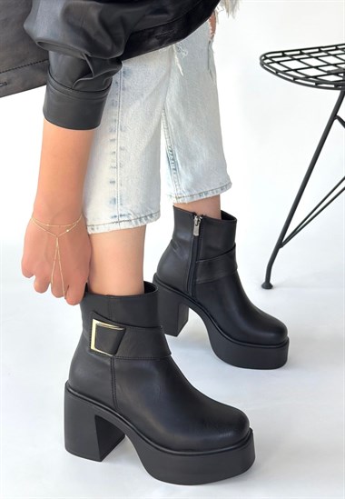 Lonji Cilt Topuklu Bot -Siyah
