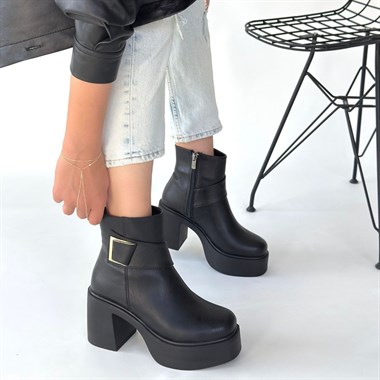 Lonji Cilt Topuklu Bot -Siyah