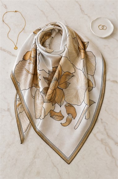 Lotus Çiçeği Desenli Soft Eşarp -Taba