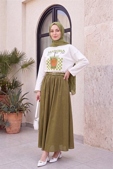 Matcha Baskılı Bisiklet Yaka Oversize 2 İplik Penye Sweatshirt -Ekru