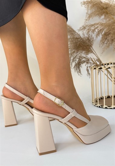 Mety Cilt Topuklu Ayakkabı -Bej