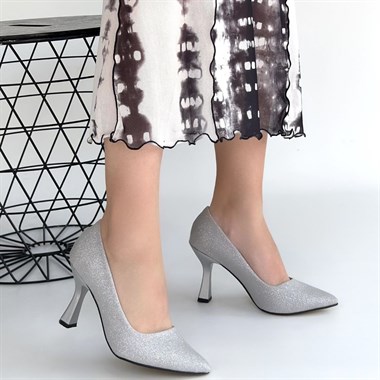 Meyli Saten Simli Topuklu Ayakkabı -Gümüş