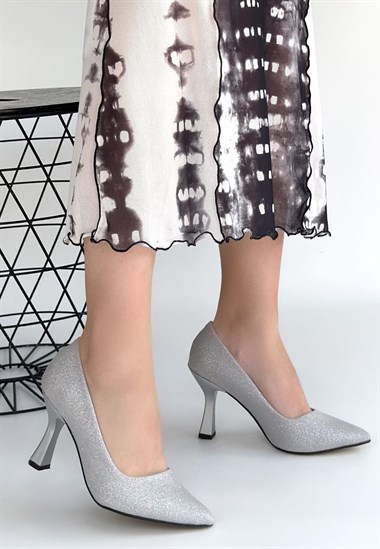 Meyli Saten Simli Topuklu Ayakkabı -Gümüş