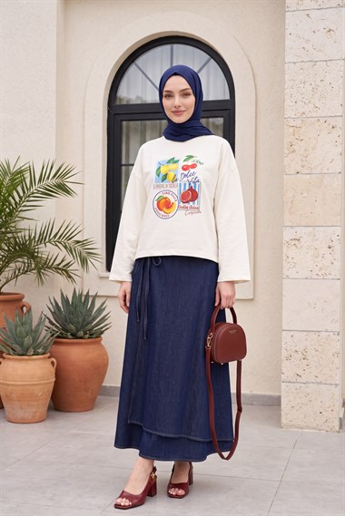 Meyve Baskılı Bisiklet Yaka Oversize 2 İplik Penye Sweatshirt -Sarı