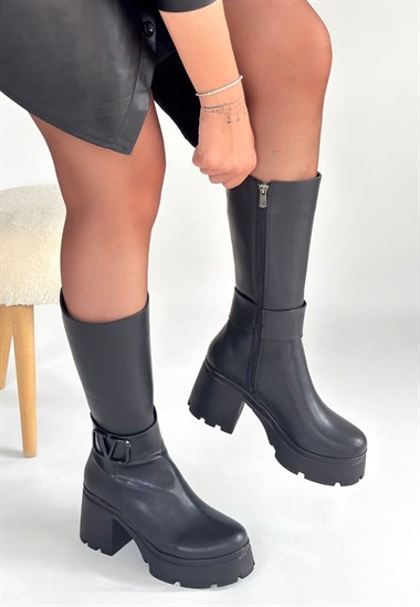 Moki Cilt Topuklu Çizme -Siyah