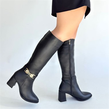 Mooni Cilt Topuklu Çizme -Siyah