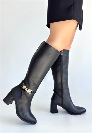 Mooni Cilt Topuklu Çizme -Siyah