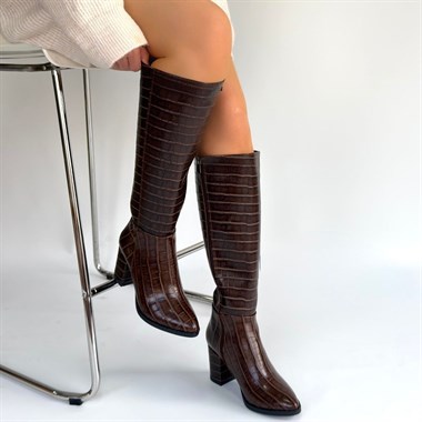 Morena Acı Kahve Desenli Rugan Topuklu Çizme -Acı Kahve