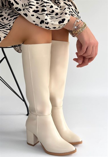 Morena Cilt Tabanlı Topuklu Çizme -Bej