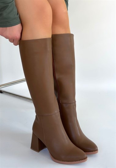 Morena Vizon Cilt BejTopuklu Çizme -Koyu Vizon