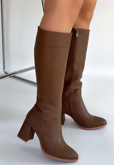Morena Vizon Cilt BejTopuklu Çizme -Koyu Vizon