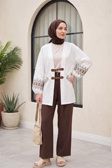 Nakışlı Kolu Lastikli Kemer Detaylı Keten Kimono  -Beyaz