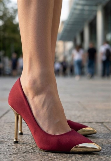 Norji Saten Stiletto Ayakkabı -Bordo