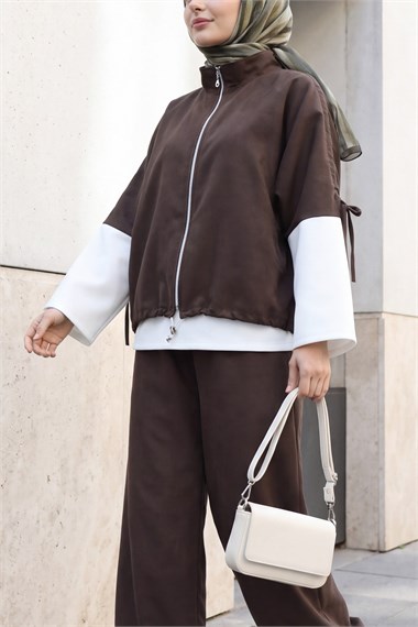 Omuzu Büzgülü Beli Ve Paçası Lastikli 3 Lü Süet Takım  -Koyu Kahverengi
