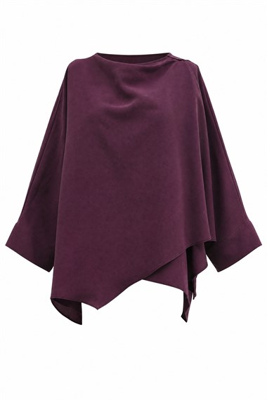 Omuzu Düğmeli Yarasa Kol Modal Kimono Panço -Mürdüm
