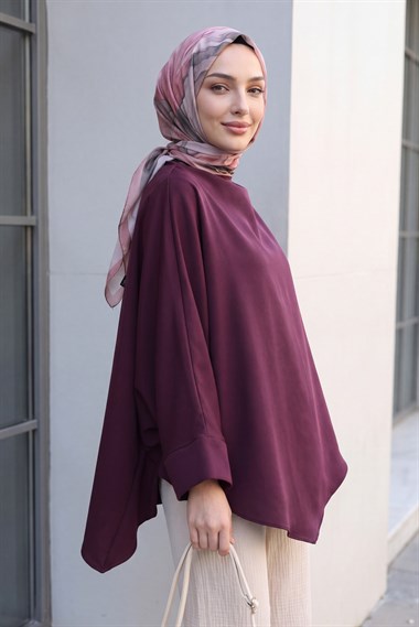 Omuzu Düğmeli Yarasa Kol Modal Kimono Panço -Mürdüm