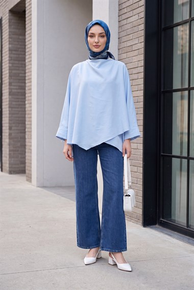 Omuzu Düğmeli Yarasa Kol Modal Kimono Panço -Bebe Mavi