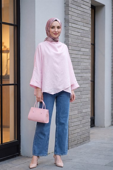 Omuzu Düğmeli Yarasa Kol Modal Kimono Panço -Pudra