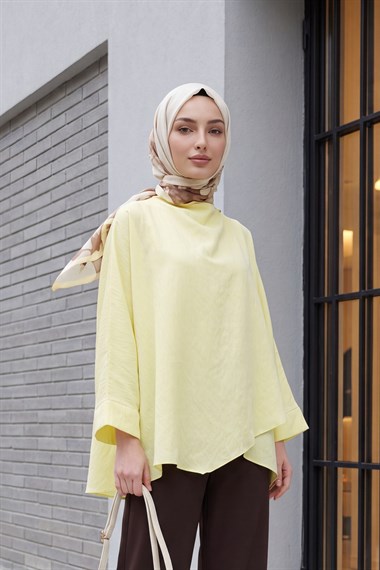Omuzu Düğmeli Yarasa Kol Modal Kimono Panço -Sarı