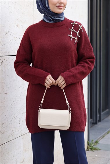 Omuzu Taş Detaylı Yumoş Triko Tunik -Bordo