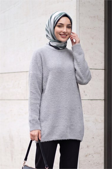 Omuzu Taş Detaylı Yumoş Triko Tunik -Gri