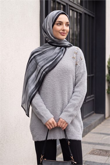 Omuzu Taş Detaylı Yumoş Triko Tunik -Gri