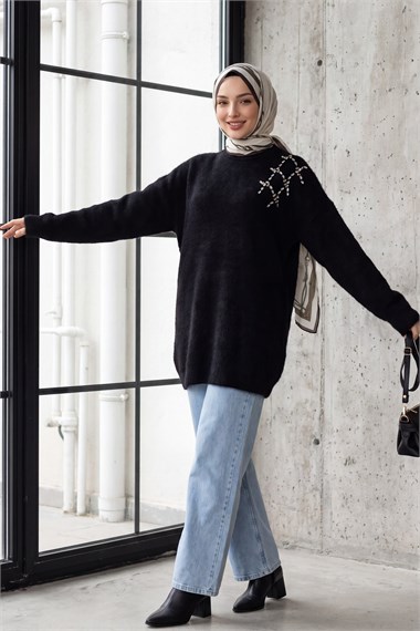 Omuzu Taş Detaylı Yumoş Triko Tunik -Siyah