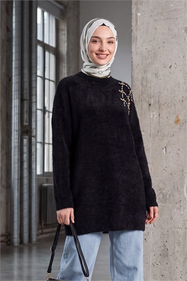 Omuzu Taş Detaylı Yumoş Triko Tunik -Siyah