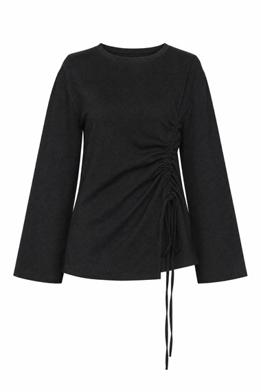 Önü Asimetrik Kesim Bağcık Detaylı Penye Sweat -Siyah