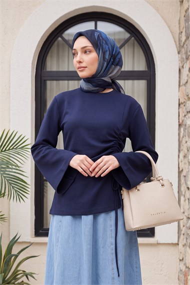 Önü Asimetrik Kesim Bağcık Detaylı Penye Sweat -Lacivert