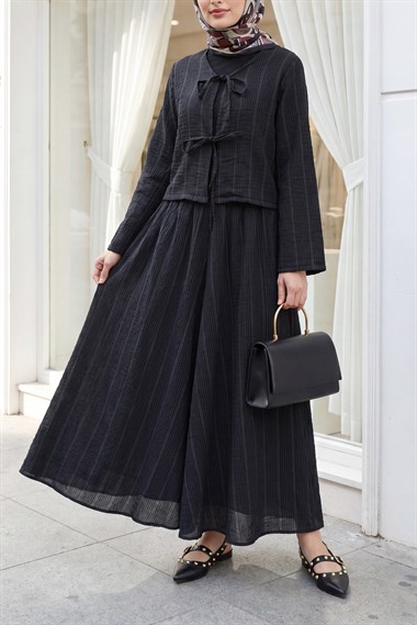 Önü Bağcıklı Eteği Astarlı Bürümcük Kimono Takım -Siyah