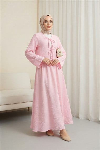 Önü Bağcıklı Eteği Astarlı Bürümcük Kimono Takım -Pembe