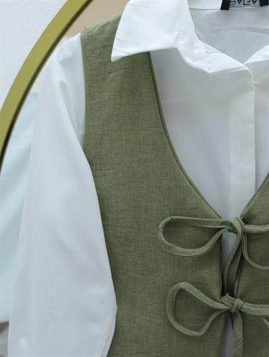Önü Bağcıklı Gömlekli Yelek Pantolon Üçlü Keten Takım -Haki